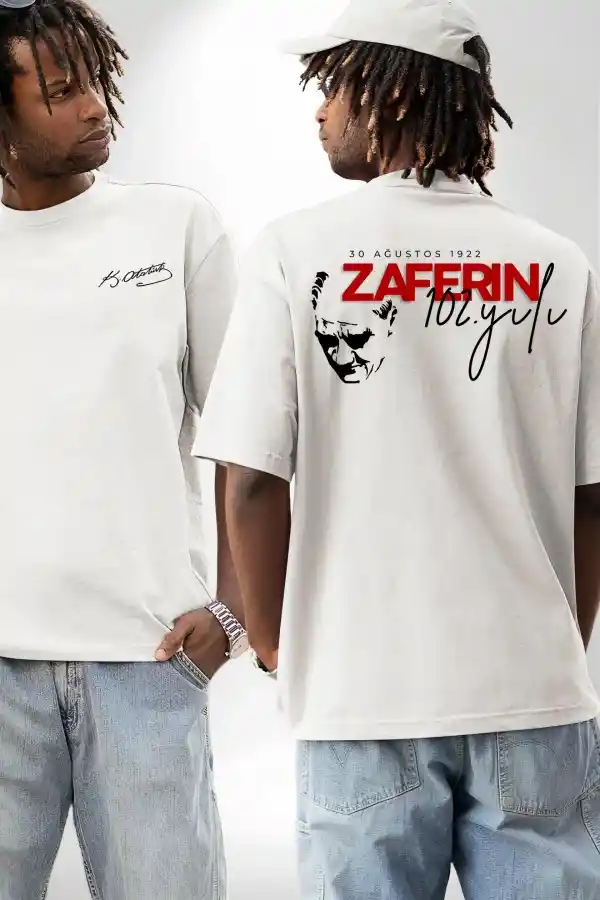 30 Ağustos Zafer Bayramı Ön Arka Baskılı Oversize Bisiklet Yaka T-shirt - Beyaz