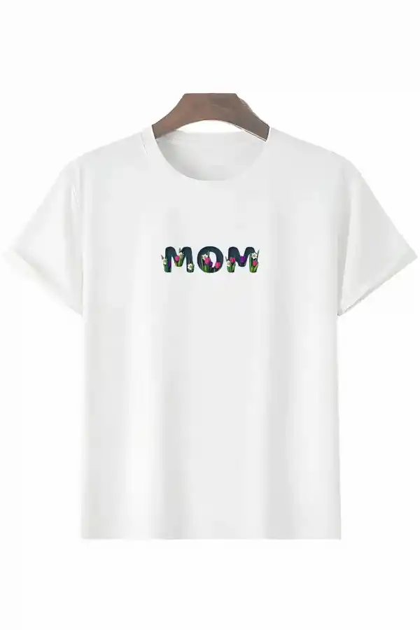Anneler Günü Hediye Mom Çiçek Baskılı Oversize Bisiklet Yaka T-shirt - Beyaz