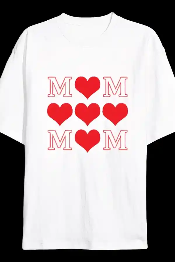 Anneler Günü Hediye MOM Kalp Baskılı Oversize Bisiklet Yaka T-shirt - Beyaz