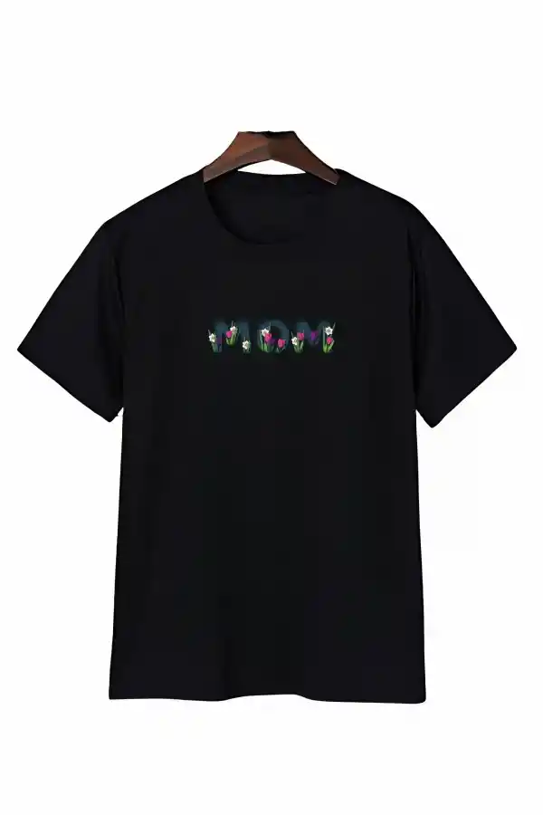 Anneler Günü Mom Çiçek Temalı Baskılı Oversize Bisiklet Yaka T-shirt - Siyah