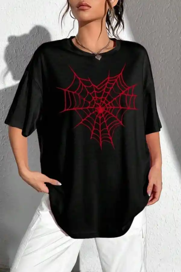 Kadın Örümcek Ağ Baskılı T-Shirt Kısa Kol Bisiklet Yaka Oversize Tişört - Siyah