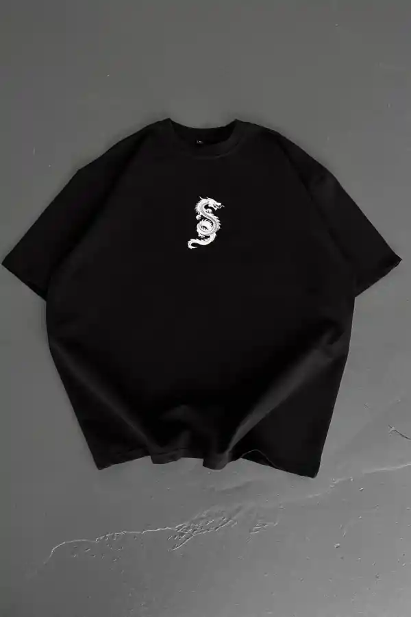 Erkek Ön ve Arka Baskılı T-Shirt Kısa Kol Bisiklet Yaka Regular Fit Tişört - Siyah
