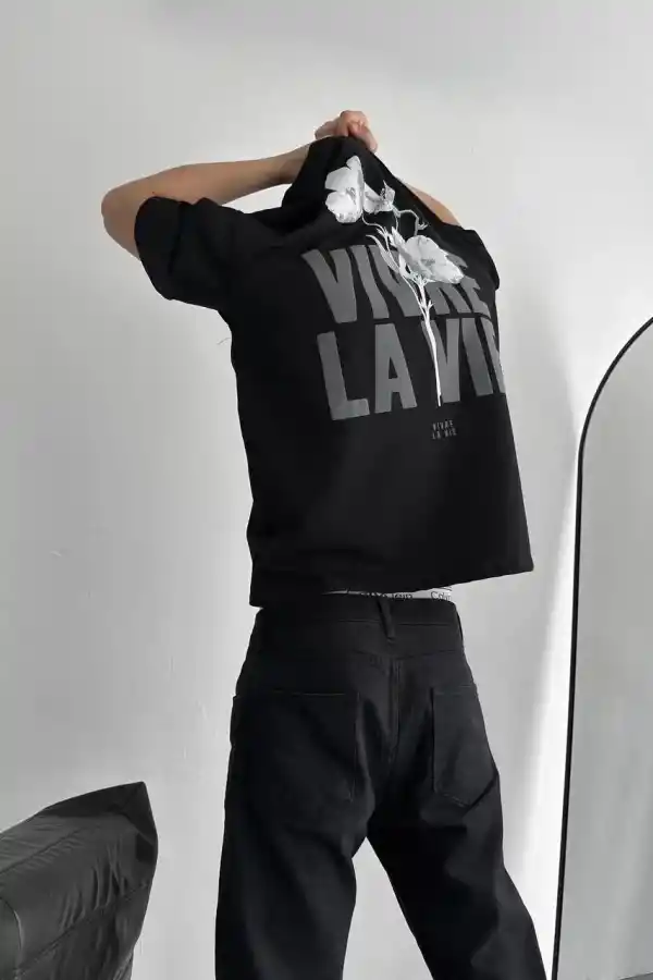 Erkek Ön ve Arka Baskılı T-Shirt Kısa Kol Bisiklet Yaka Regular Fit Tişört -  Siyah