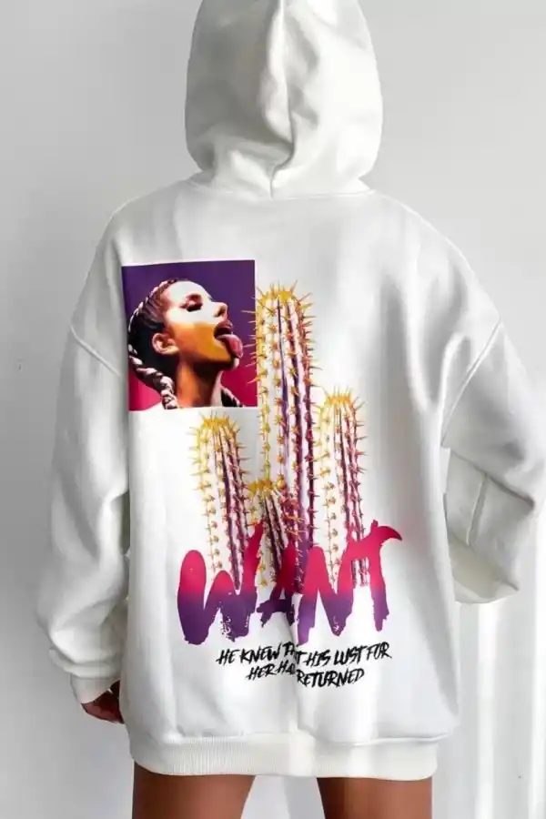 Kadın Oversize Kapüşonlu Cepli WANT Baskılı 3 İplik Pamuklu Hoodie Sweatshirt - Beyaz