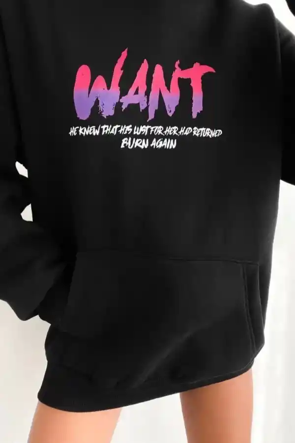 Kadın Oversize Kapüşonlu Cepli WANT Baskılı 3 İplik Pamuklu Hoodie Sweatshirt - Siyah