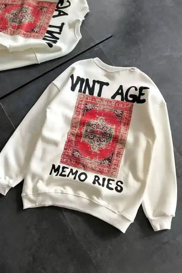 Kadın Bisiklet Yaka 3 İplik Baskılı Oversize SweatShirt - Beyaz