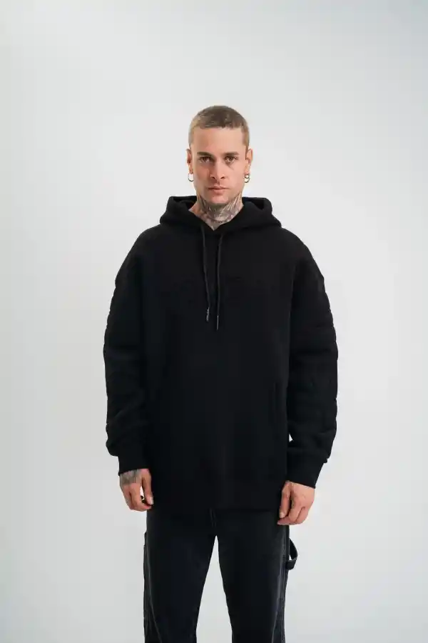Erkek 3 İplik Pamuklu Oversize Kapüşonlu Nakışlı Hoodie SweatShirt - Siyah
