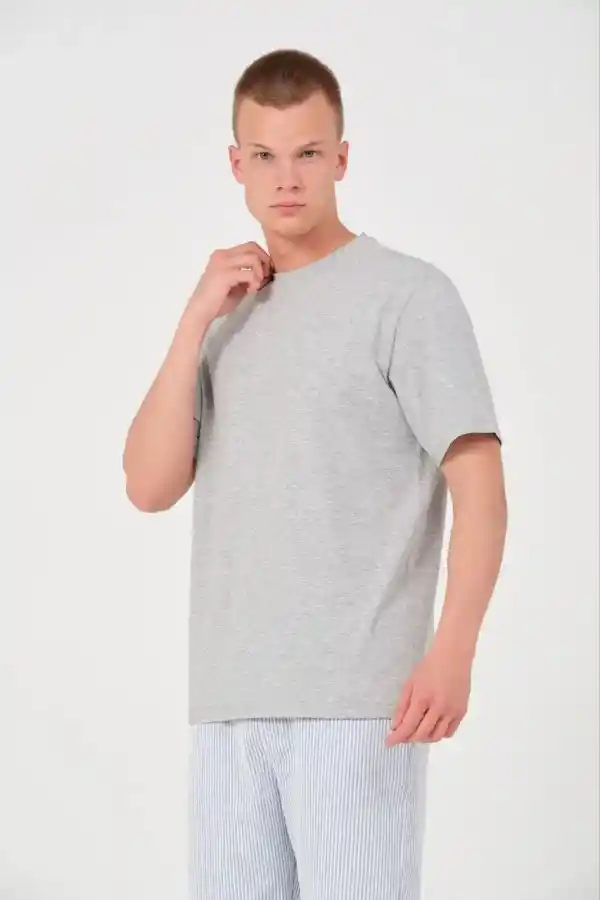 Erkek Düz Penye Tişört Bisiklet Yaka Kısa Kol Regular Fit T-Shirt - Gri