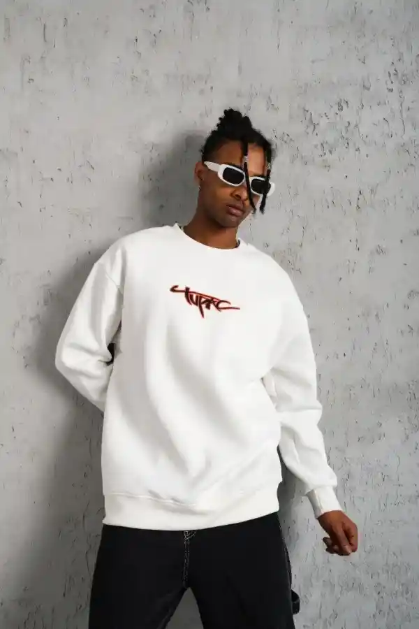 Erkek 3 İplik Pamuklu Bisiklet Yaka Gangster Baskılı Sweatshirt - Beyaz
