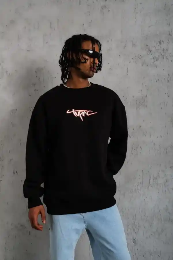 Erkek 3 İplik Pamuklu Bisiklet Yaka Gangster Baskılı Sweatshirt - Siyah