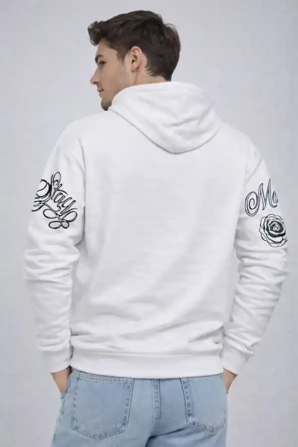 Erkek 3 İplik Pamuklu Kapüşonlu Baskılı SweatShirt hoodie - Beyaz