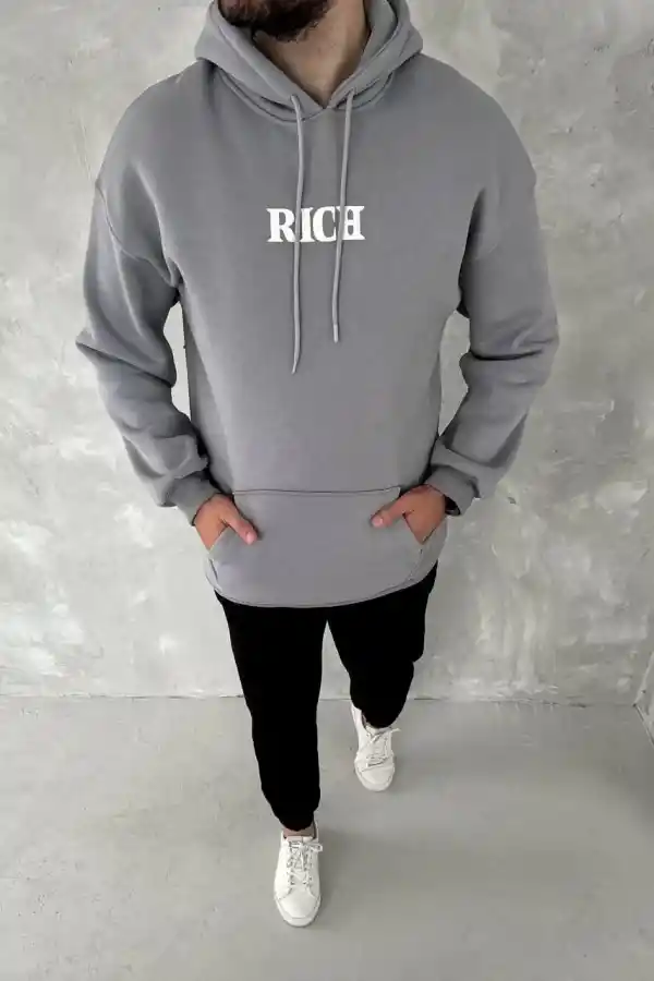 Erkek 3 İplik Pamuklu Kapüşonlu Kanguru Cepli Baskılı Oversize Hoodie Sweatshirt - Gri
