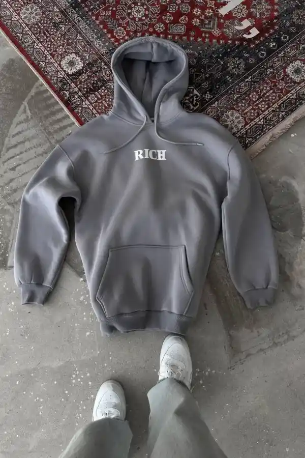 Erkek 3 İplik Pamuklu Kapüşonlu Kanguru Cepli Baskılı Oversize Hoodie Sweatshirt - Gri