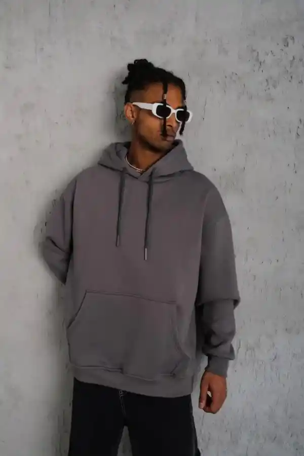Erkek 3 İplik Pamuklu Kapüşonlu Kanguru Cepli Sweatshirt Hoodie - Gri
