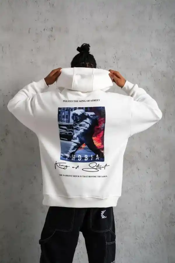 Erkek 3 İplik Pamuklu Kapüşonlu Baskılı Cepli Oversize Sweatshirt Hoodie - Beyaz