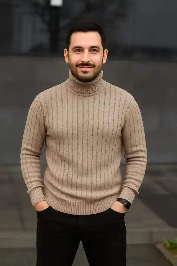 Erkek Tam Boğazlı Balıkçı Yaka Triko Kazak Kalın Fitilli - Bej