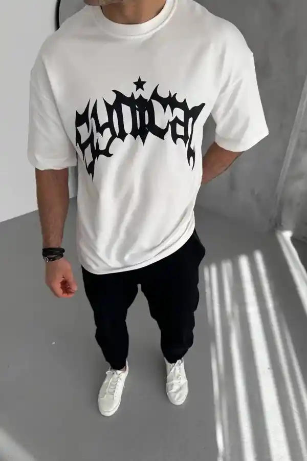 Erkek Baskılı Bisiklet Yaka T-Shirt - Beyaz