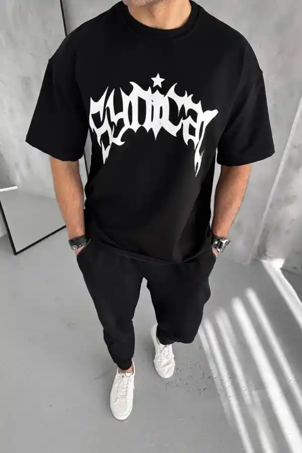 Erkek Baskılı Bisiklet Yaka T-Shirt - Siyah