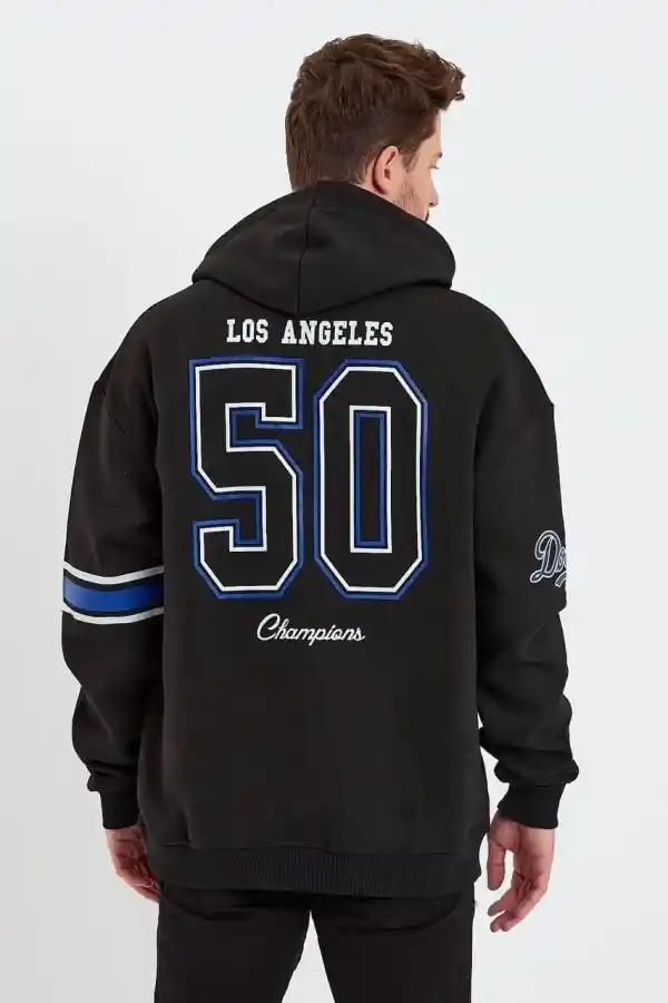 Erkek 3 İplik Pamuklu Kapüşonlu Baskılı Cepli Oversize Sweatshirt Hoodie - Siyah