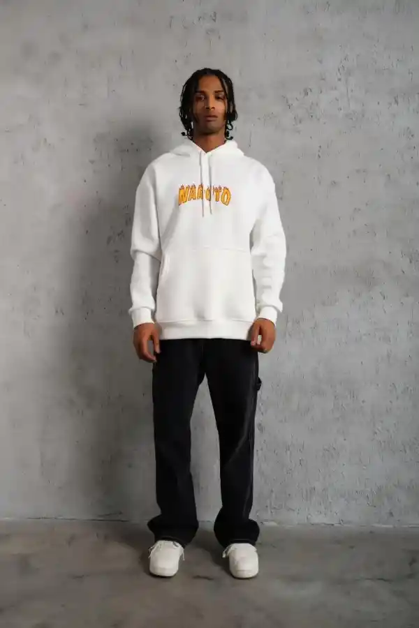 Erkek Baskılı Kapüşonlu 3 iplik pamuklu hoodie Sweatshirt - Beyaz