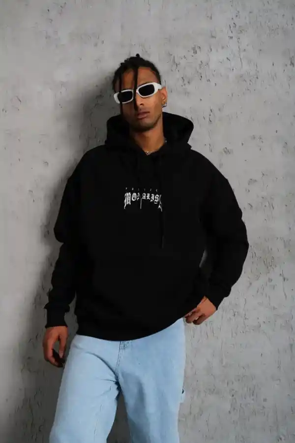 Erkek Baskılı Kapüşonlu ve Kanguru Cepli Sweatshirt hoodie- Siyah