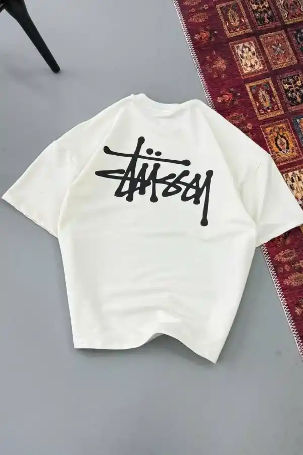 Erkek Kısa Kol Yazlık Tişört Bisiklet Yaka Baskılı Oversize T-Shirt - Beyaz