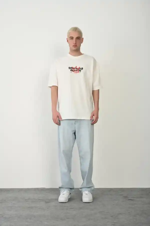 Erkek Baskılı T-Shirt Kısa Kol Bisiklet Yaka Rahat Kalıp Tişört  - Beyaz