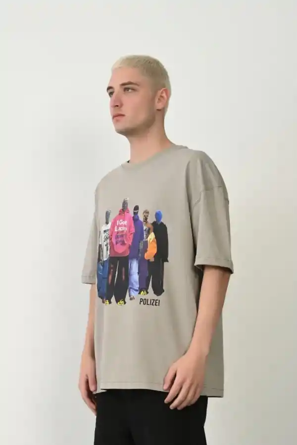 Erkek Baskılı T-Shirt Kısa Kol Bisiklet Yaka Rahat Kalıp Tişört - Boyalı Gri