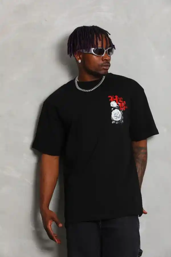 Erkek Kısa Kol Yazlık Tişört Bisiklet Yaka Baskılı Oversize T-Shirt - Siyah