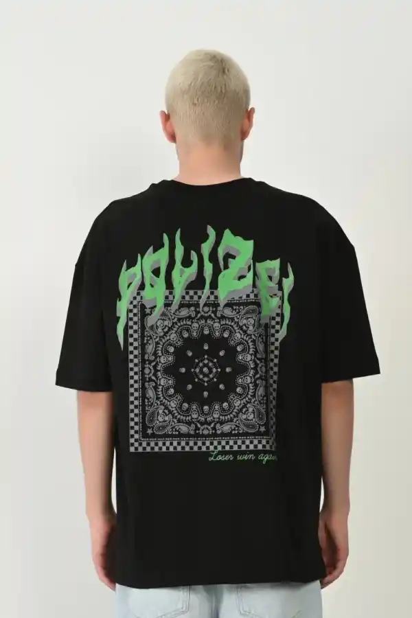 Erkek Baskılı T-Shirt Kısa Kol Bisiklet Yaka Rahat Kalıp Tişört  - Siyah