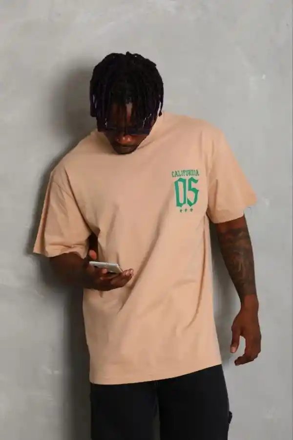 Erkek Baskılı T-Shirt Kısa Kol Bisiklet Yaka Regular Fit Tişört - Bej