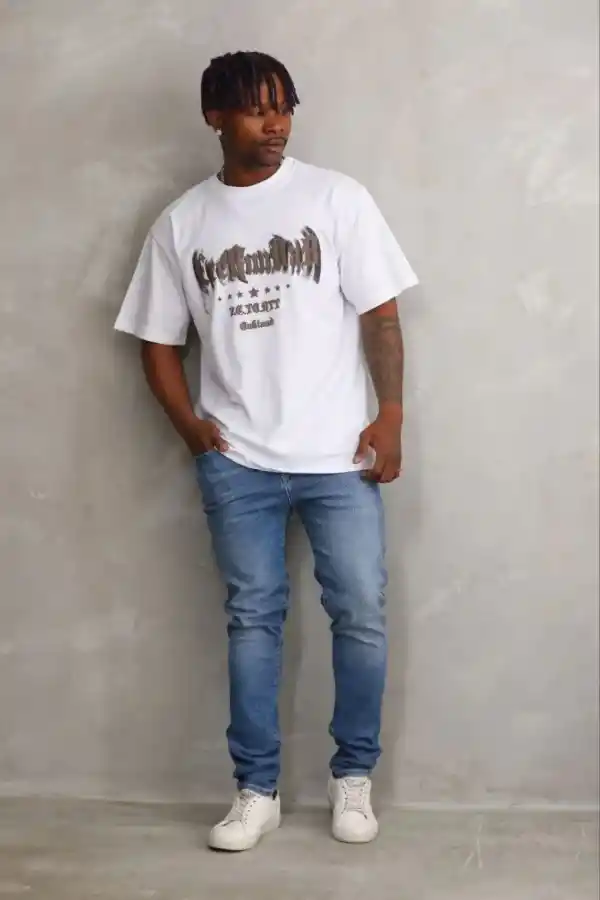 Erkek Baskılı T-Shirt Kısa Kol Bisiklet Yaka Regular Fit Tişört - Beyaz