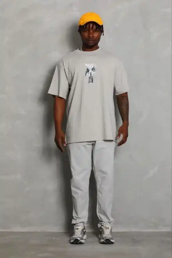 Erkek Baskılı T-Shirt Kısa Kol Bisiklet Yaka Regular Fit Tişört - Gri