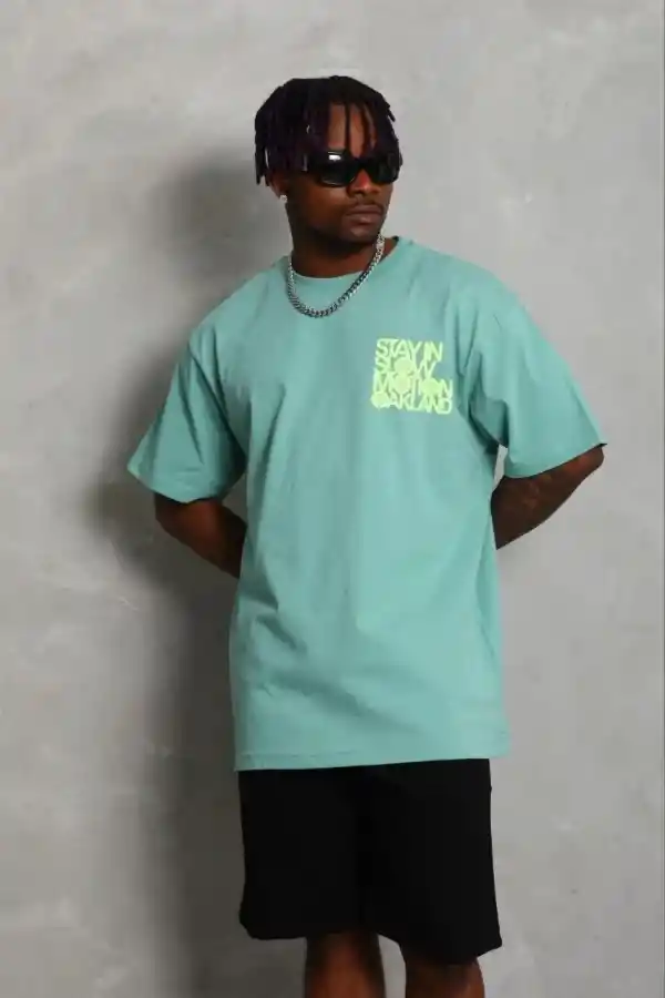 Erkek Baskılı T-Shirt Kısa Kol Bisiklet Yaka Regular Fit Tişört - Mint Yeşili