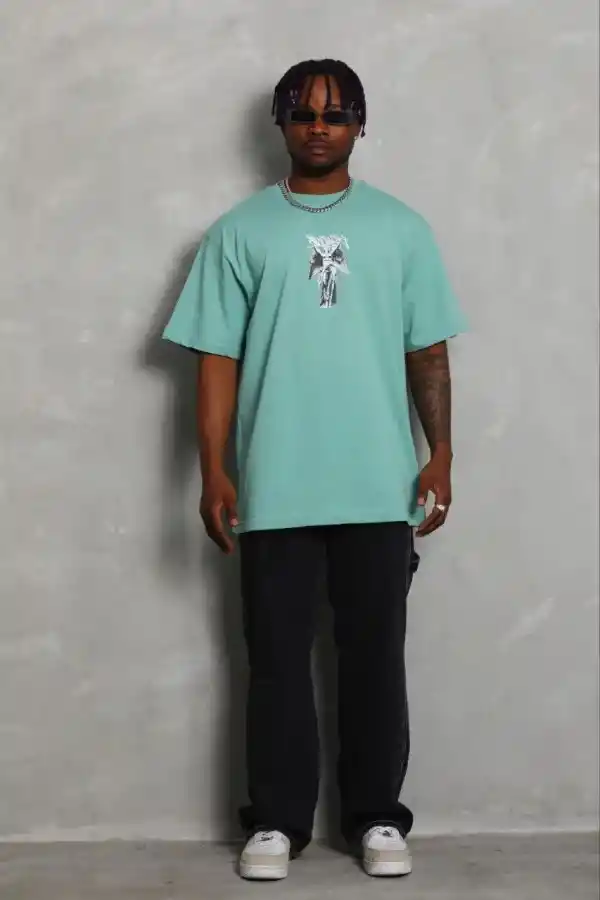 Erkek Baskılı T-Shirt Kısa Kol Bisiklet Yaka Regular Fit Tişört - Mint Yeşili