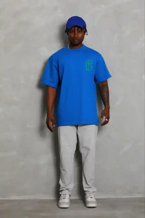 Erkek Baskılı T-Shirt Kısa Kol Bisiklet Yaka Regular Fit Tişört - Saks Mavisi