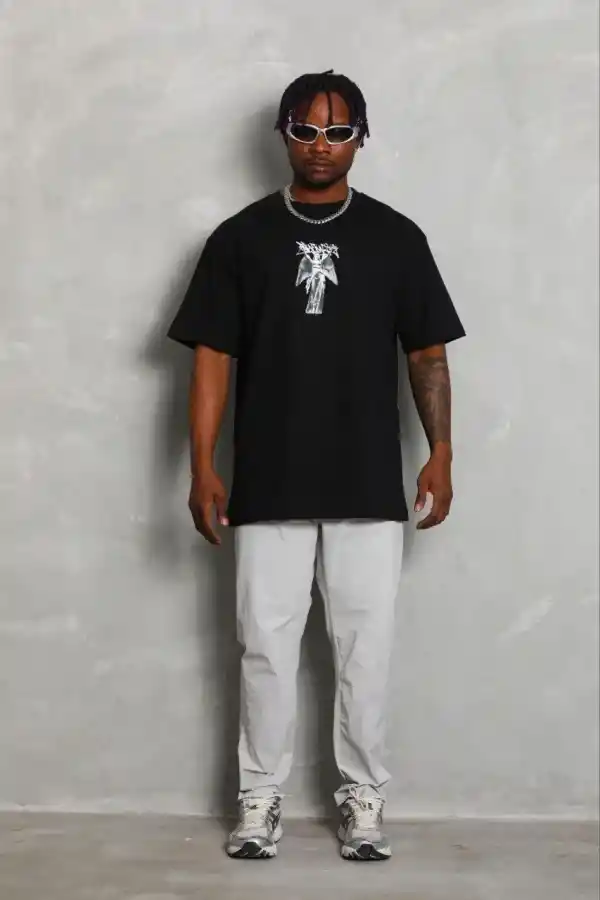 Erkek Baskılı T-Shirt Kısa Kol Bisiklet Yaka Regular Fit Tişört - Siyah