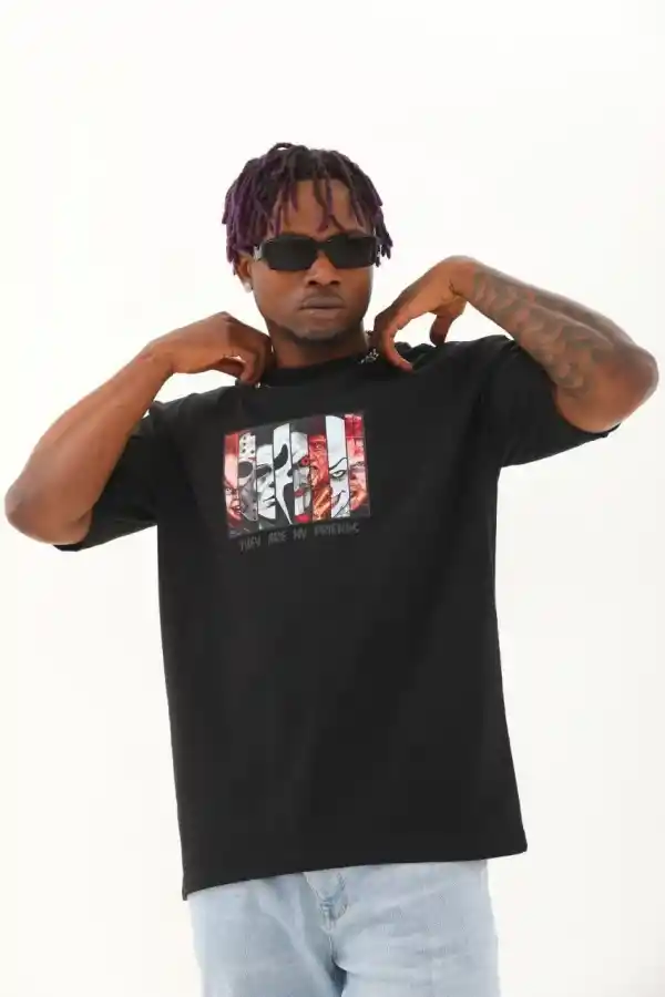 Erkek Baskılı T-Shirt Kısa Kol Bisiklet Yaka Regular Fit Rahat Kalıp Günlük Tişört - Siyah