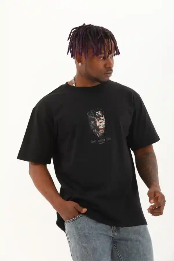 Erkek Baskılı T-Shirt Kısa Kol Bisiklet Yaka Regular Fit Rahat Kalıp Günlük Tişört - Siyah