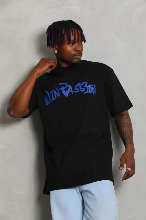 Erkek Baskılı T-Shirt Kısa Kol Bisiklet Yaka Regular Fit Tişört - Siyah