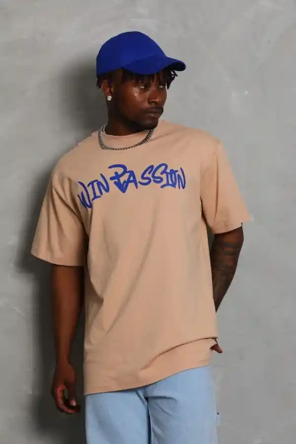 Erkek Baskılı Tişört Kısa Kol Bisiklet Yaka Oversize T-Shirt - Bej