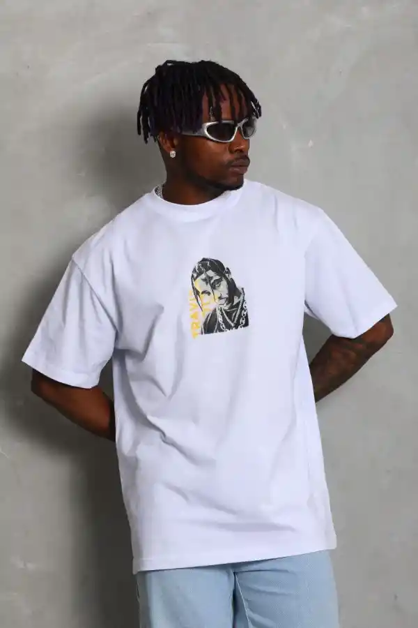 Erkek Baskılı Tişört Kısa Kol Bisiklet Yaka Oversize T-Shirt - Beyaz