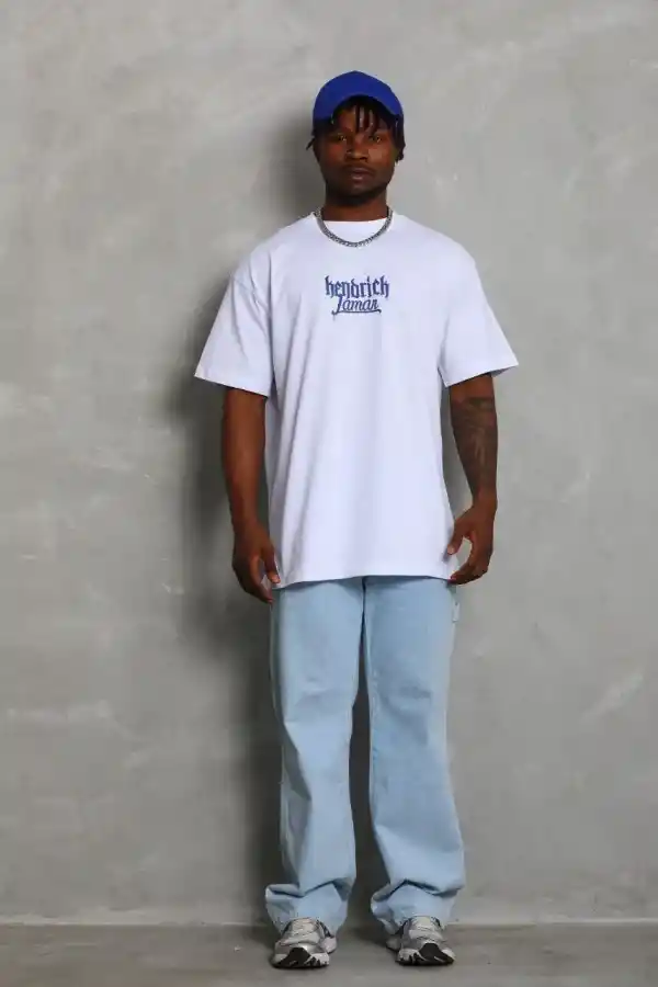 Erkek Baskılı Tişört Kısa Kol Bisiklet Yaka Oversize T-Shirt - Beyaz