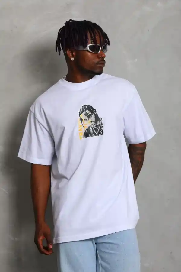 Erkek Baskılı Tişört Kısa Kol Bisiklet Yaka Oversize T-Shirt - Beyaz