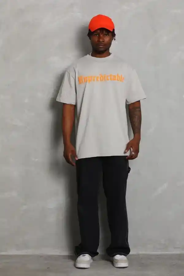 Erkek Baskılı Tişört Kısa Kol Bisiklet Yaka Oversize T-Shirt - Gri