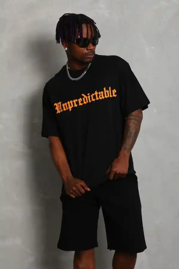 Erkek Baskılı Tişört Kısa Kol Bisiklet Yaka Oversize T-Shirt - Siyah