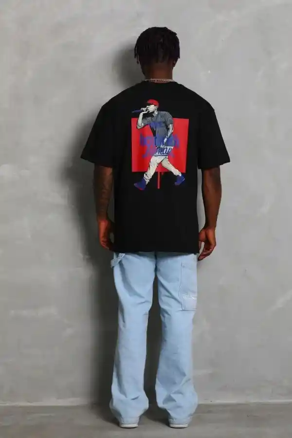 Erkek Baskılı Tişört Kısa Kol Bisiklet Yaka Oversize T-Shirt - - Siyah