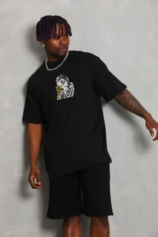Erkek Baskılı Tişört Kısa Kol Bisiklet Yaka Oversize T-Shirt - Siyah