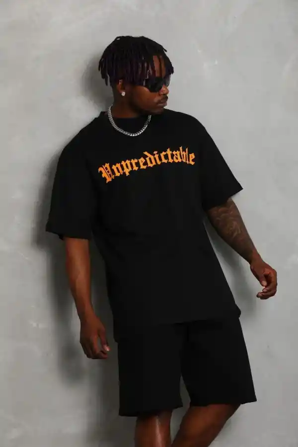 Erkek Baskılı Tişört Kısa Kol Bisiklet Yaka Oversize T-Shirt - Siyah