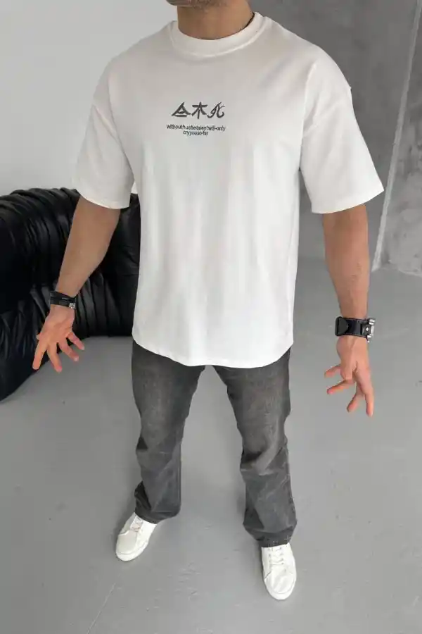 Erkek Bisiklet yaka Baskılı T-Shirt - Beyaz